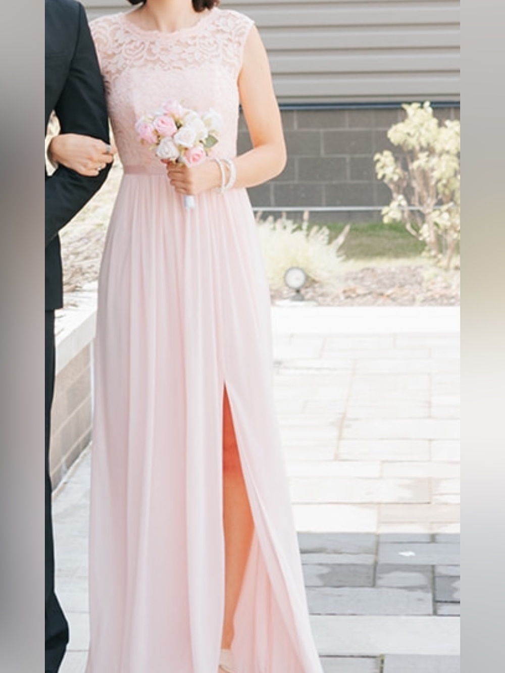 David's Bridal Blush Lace Bodice Maxi Dress with Front Slit